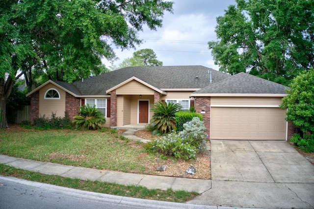 8145 SW 51st Rd, Gainesville, FL 32608 - ranch-style house with brick siding, a garage, concrete driveway, a front lawn, and roof with shingles