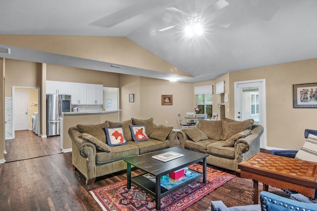 8145 SW 51st Rd, Gainesville, FL 32608 - living room with dark wood finished floors, ceiling fan, lofted ceiling, and baseboards