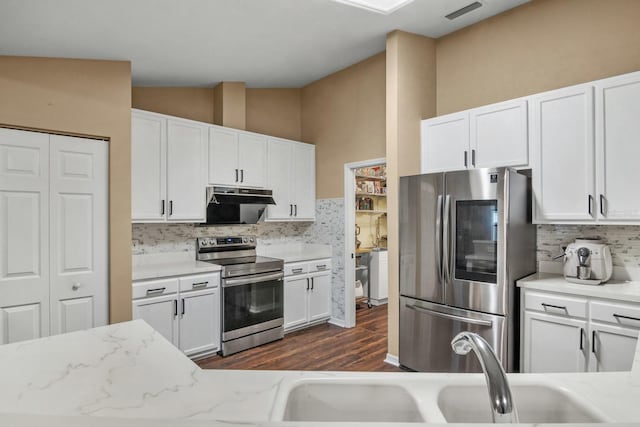 8145 SW 51st Rd, Gainesville, FL 32608 - kitchen featuring stainless steel appliances, under cabinet range hood, lofted ceiling, tasteful backsplash, and a sink