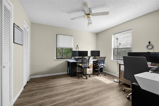 home office featuring a wealth of natural light, wood finished floors, and a ceiling fan