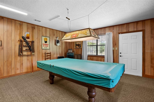 playroom featuring visible vents, carpet floors, wood walls, and pool table