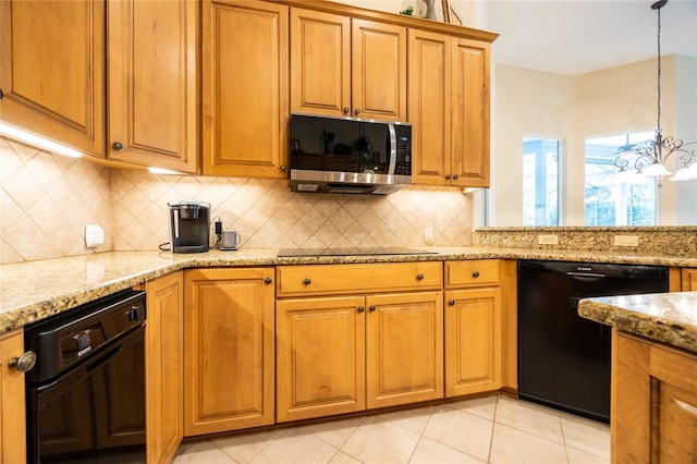 10312 SW 23rd Ave, Gainesville, FL 32607 - kitchen featuring black appliances, light stone countertops, tasteful backsplash, and brown cabinetry