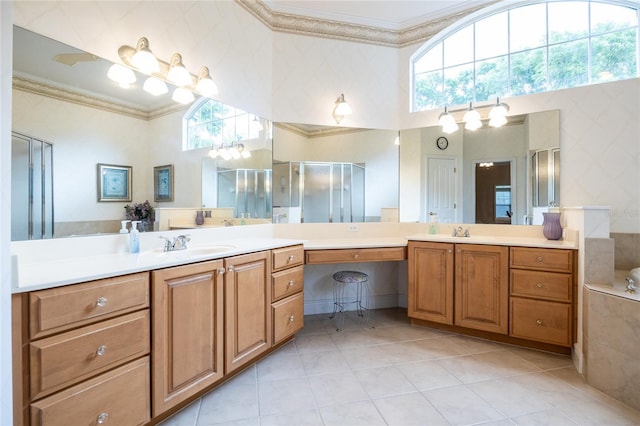 10312 SW 23rd Ave, Gainesville, FL 32607 - bathroom with vanity, ornamental molding, a shower stall, a towering ceiling, and tile patterned floors