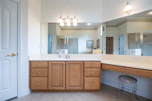 10312 SW 23rd Ave, Gainesville, FL 32607 - full bath with a shower stall, vanity, tile patterned flooring, and ornamental molding