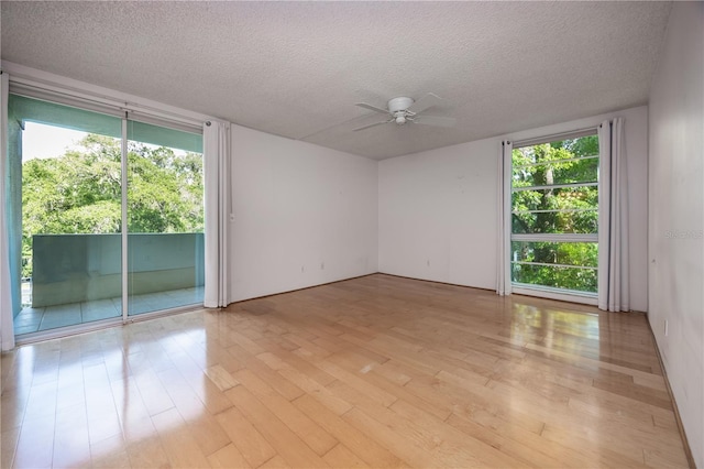 unfurnished room featuring a ceiling fan, a textured ceiling, and light wood-style flooring