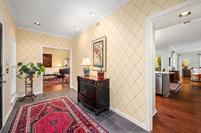 4319 SW 86th Way, Gainesville, FL 32608 - hallway featuring crown molding, recessed lighting, and dark tile patterned flooring