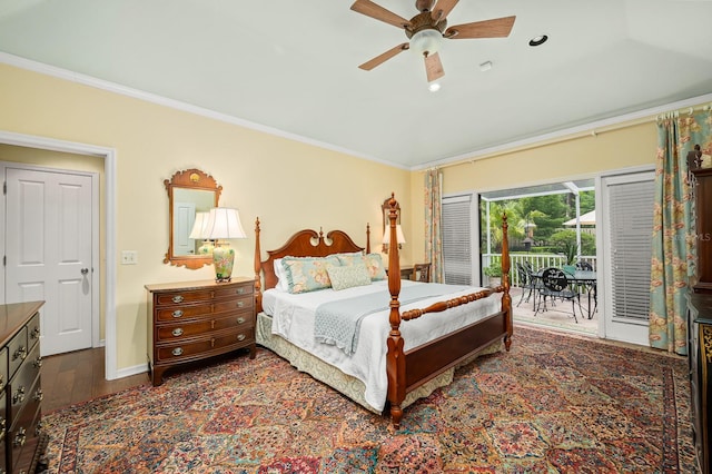 4319 SW 86th Way, Gainesville, FL 32608 - bedroom featuring access to outside, crown molding, wood finished floors, a ceiling fan, and recessed lighting