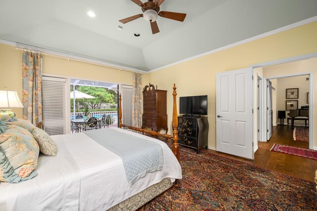 4319 SW 86th Way, Gainesville, FL 32608 - bedroom featuring access to exterior, wood finished floors, ornamental molding, a raised ceiling, and a ceiling fan
