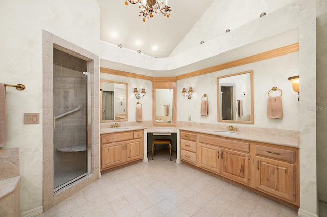 4319 SW 86th Way, Gainesville, FL 32608 - full bath featuring lofted ceiling, vanity, a stall shower, a chandelier, and tile patterned floors