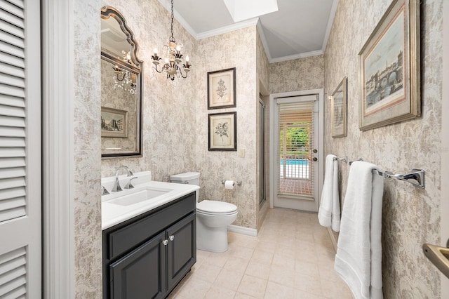 4319 SW 86th Way, Gainesville, FL 32608 - bathroom featuring crown molding, a chandelier, vanity, tile patterned floors, and a stall shower