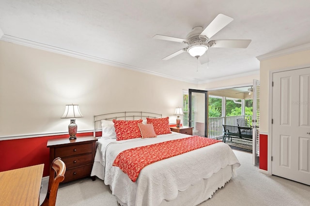4319 SW 86th Way, Gainesville, FL 32608 - bedroom with access to outside, ornamental molding, light colored carpet, and a ceiling fan