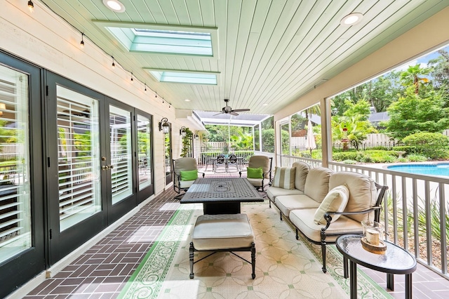 4319 SW 86th Way, Gainesville, FL 32608 - view of patio / terrace with an outdoor hangout area, outdoor dining space, ceiling fan, and french doors