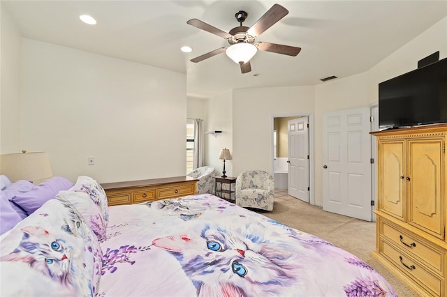 bedroom with ceiling fan, light carpet, ensuite bath, and recessed lighting