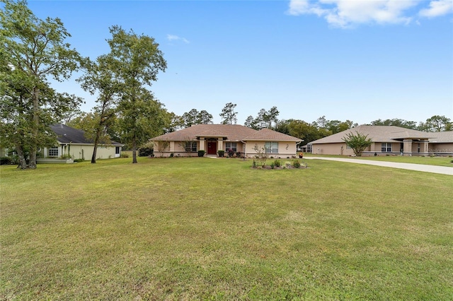 single story home with a front yard and stucco siding