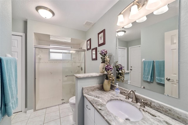 full bathroom with tile patterned flooring, vanity, toilet, visible vents, and a stall shower