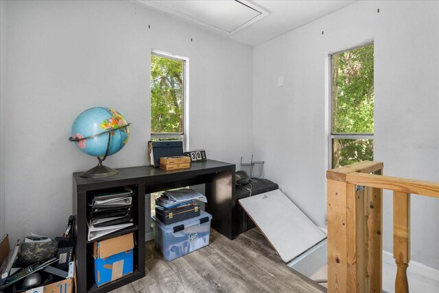 interior space with attic access and wood finished floors