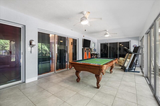 game room featuring light tile patterned floors, pool table, and ceiling fan