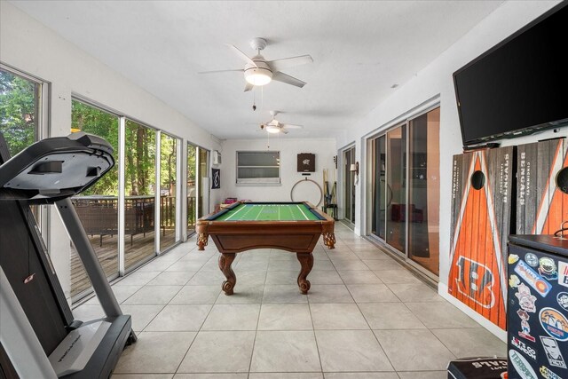 game room with pool table, ceiling fan, and light tile patterned floors