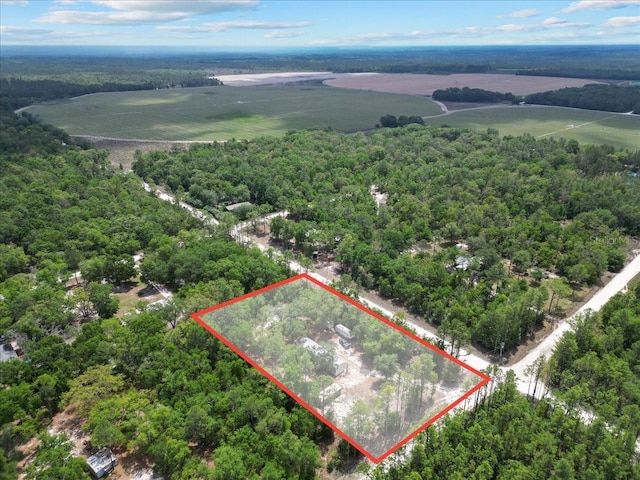 drone / aerial view with a wooded view