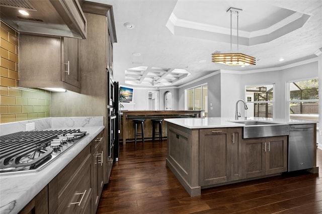555 NW 134th Way, Newberry, FL 32669 - kitchen with an island with sink, a tray ceiling, a sink, dark wood finished floors, and appliances with stainless steel finishes