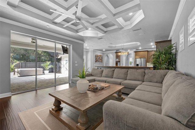 555 NW 134th Way, Newberry, FL 32669 - living area featuring visible vents, crown molding, dark wood-style flooring, recessed lighting, and a ceiling fan