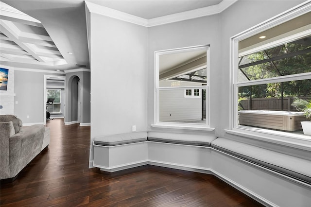 555 NW 134th Way, Newberry, FL 32669 - interior space with crown molding, arched walkways, baseboards, hardwood / wood-style flooring, and coffered ceiling