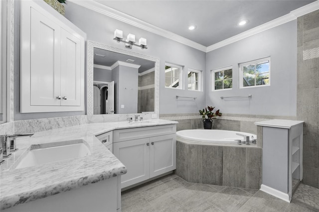 555 NW 134th Way, Newberry, FL 32669 - full bathroom featuring crown molding, a tile shower, vanity, recessed lighting, and a garden tub