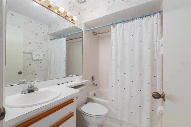 1020 NW 124th Dr, Newberry, FL 32669 - bathroom with wallpapered walls, shower / bath combination with curtain, vanity, and toilet
