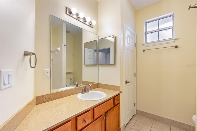 bathroom featuring vanity, tile patterned floors, toilet, and a shower