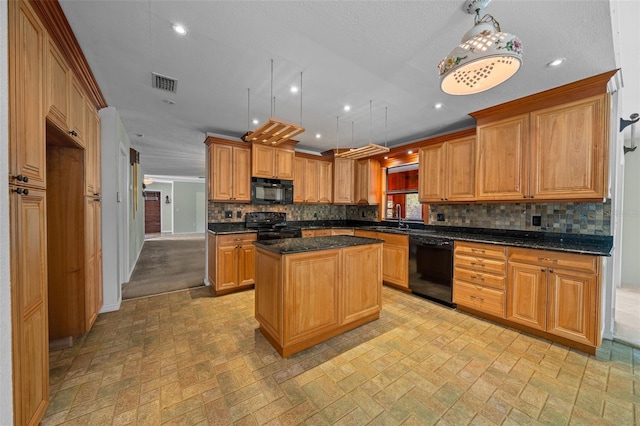 kitchen with a sink, brick patterned floor, decorative backsplash, visible vents, and black appliances