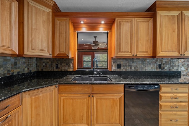 kitchen featuring backsplash, wood finished floors, a sink, dark stone counters, and black dishwasher