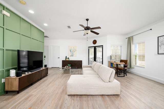 1488 NW 120th Way, Gainesville, FL 32606 - living room with a ceiling fan, recessed lighting, ornamental molding, and light wood-style flooring