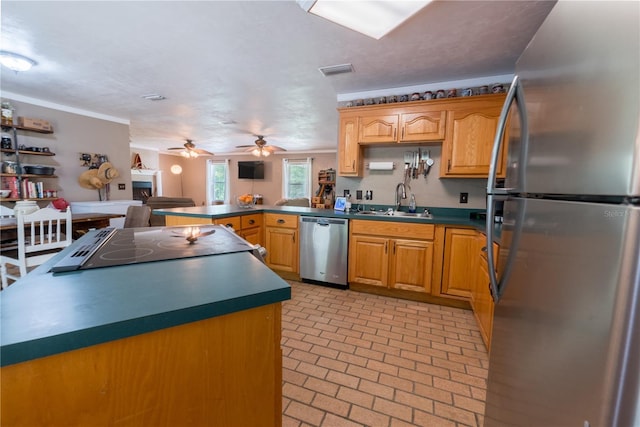5876 SW 52nd Ter, Lake Butler, FL 32054 - kitchen featuring a sink, a peninsula, brick patterned floor, a ceiling fan, and appliances with stainless steel finishes
