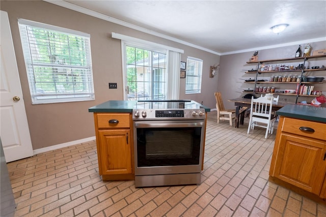 5876 SW 52nd Ter, Lake Butler, FL 32054 - kitchen featuring dark countertops, brick floor, and stainless steel range with electric cooktop