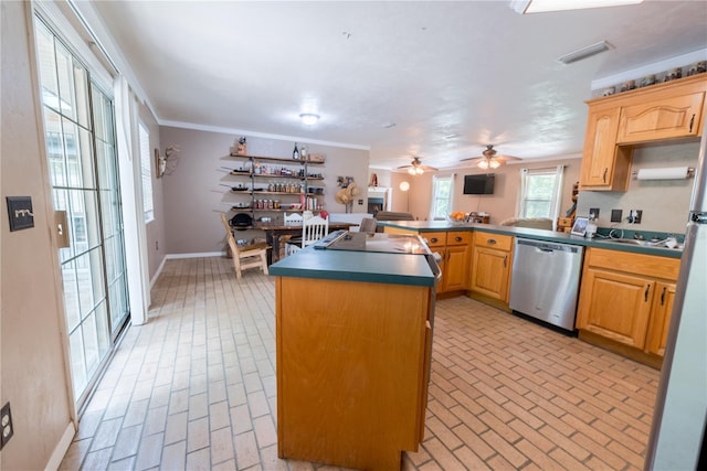 5876 SW 52nd Ter, Lake Butler, FL 32054 - kitchen with visible vents, brick floor, dishwasher, and dark countertops