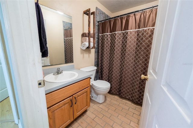 5876 SW 52nd Ter, Lake Butler, FL 32054 - bathroom featuring vanity, brick floor, a shower with curtain, and toilet