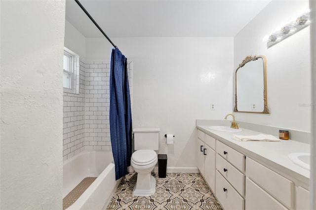 full bathroom featuring double vanity, tile patterned flooring, a sink, toilet, and shower / tub combo with curtain