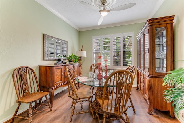 dining area with crown molding, a ceiling fan, light wood-style flooring, and a textured ceiling