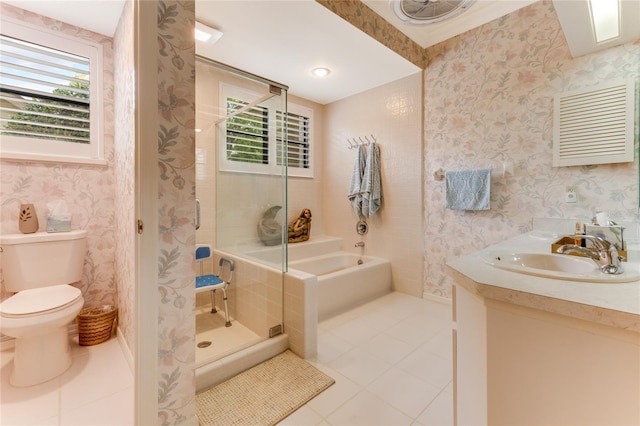 bathroom with toilet, wallpapered walls, a bath, tile patterned floors, and a shower stall