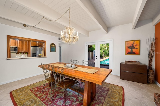 dining room featuring a notable chandelier, french doors, baseboards, light tile patterned floors, and beamed ceiling