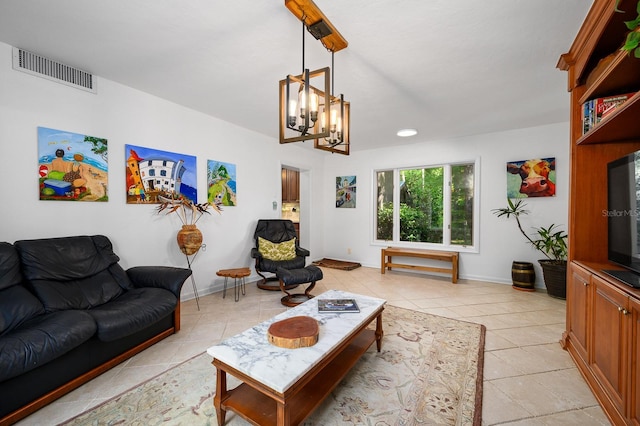 living area featuring a chandelier, recessed lighting, baseboards, light tile patterned floors, and visible vents