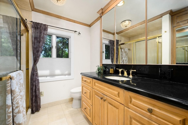 full bathroom featuring toilet, tile patterned flooring, a shower with shower door, and vanity