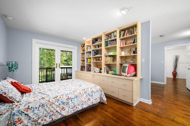 bedroom featuring access to outside, baseboards, dark wood-style floors, and french doors