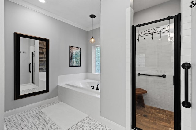 4073 SW 21st Ter, Gainesville, FL 32608 - bathroom featuring baseboards, crown molding, a bath, and a shower stall