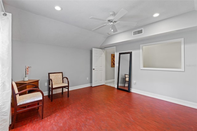 4073 SW 21st Ter, Gainesville, FL 32608 - sitting room with a ceiling fan, visible vents, vaulted ceiling, baseboards, and recessed lighting