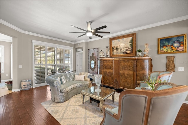 7274 SW 95th Ave, Ocala, FL 34481 - living room featuring baseboards, ornamental molding, a ceiling fan, and hardwood / wood-style flooring