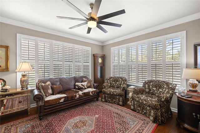 7274 SW 95th Ave, Ocala, FL 34481 - living area featuring baseboards, ornamental molding, ceiling fan, and wood finished floors