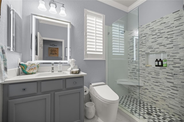 7274 SW 95th Ave, Ocala, FL 34481 - full bath with crown molding, vanity, a textured wall, toilet, and a stall shower
