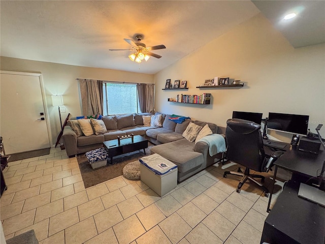 living room featuring ceiling fan, lofted ceiling, and light tile patterned flooring