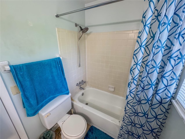 full bathroom with shower / bathtub combination with curtain and toilet